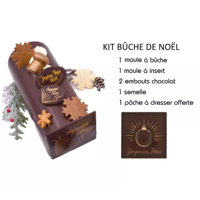 Kit de Noël - Moule à bûche plastique pvc et son insert, 2 embouts de bûche  en chocolat, une poche et la semelle.